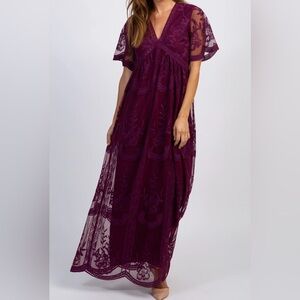 Romantic PinkBlush Deep Burgundy Lace Mesh Overlay Maxi Maternity Dress Size M